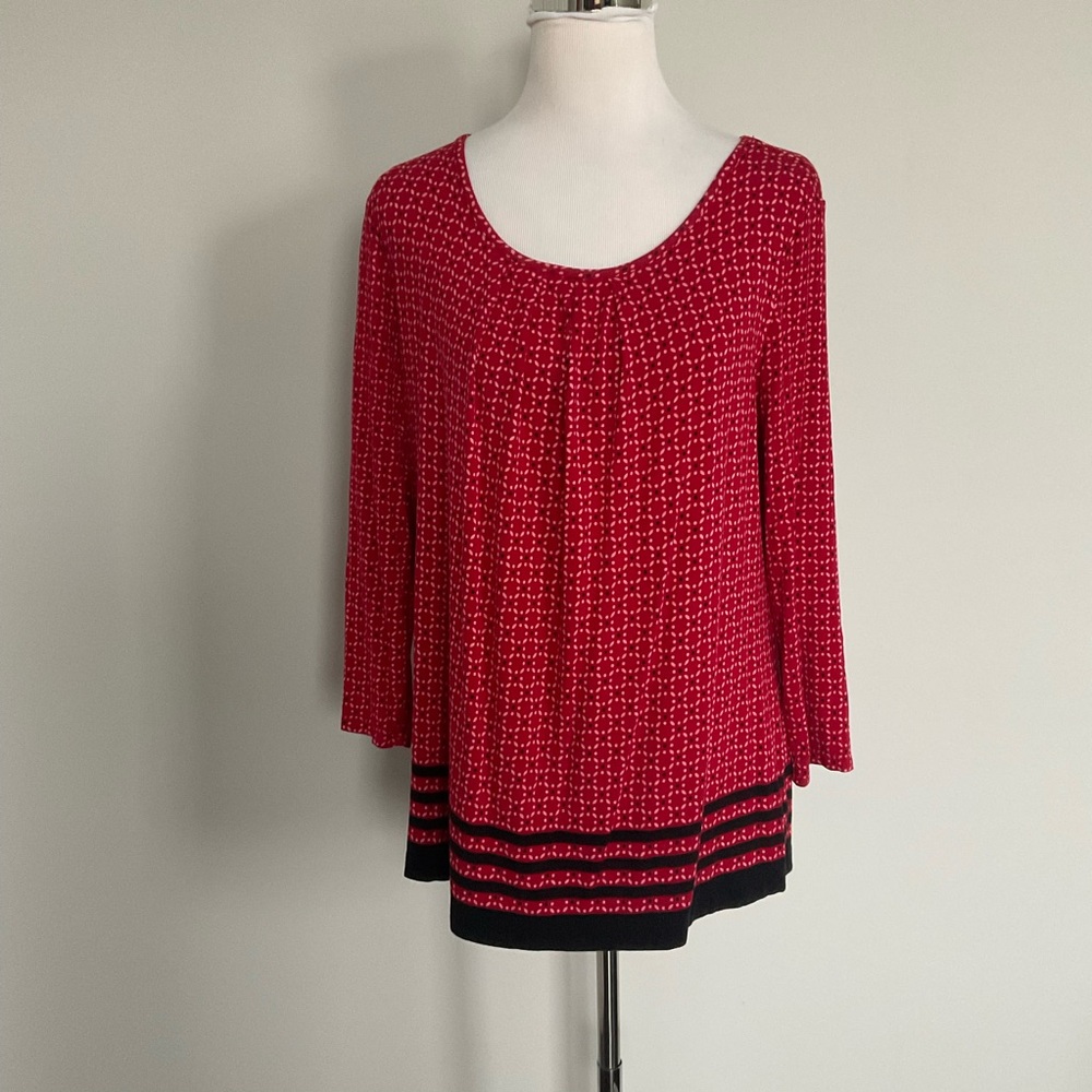 Women’s Croft & Barrow Stretch 3/4 Sleeve Pop Over Blouse Red Black White-LARGE